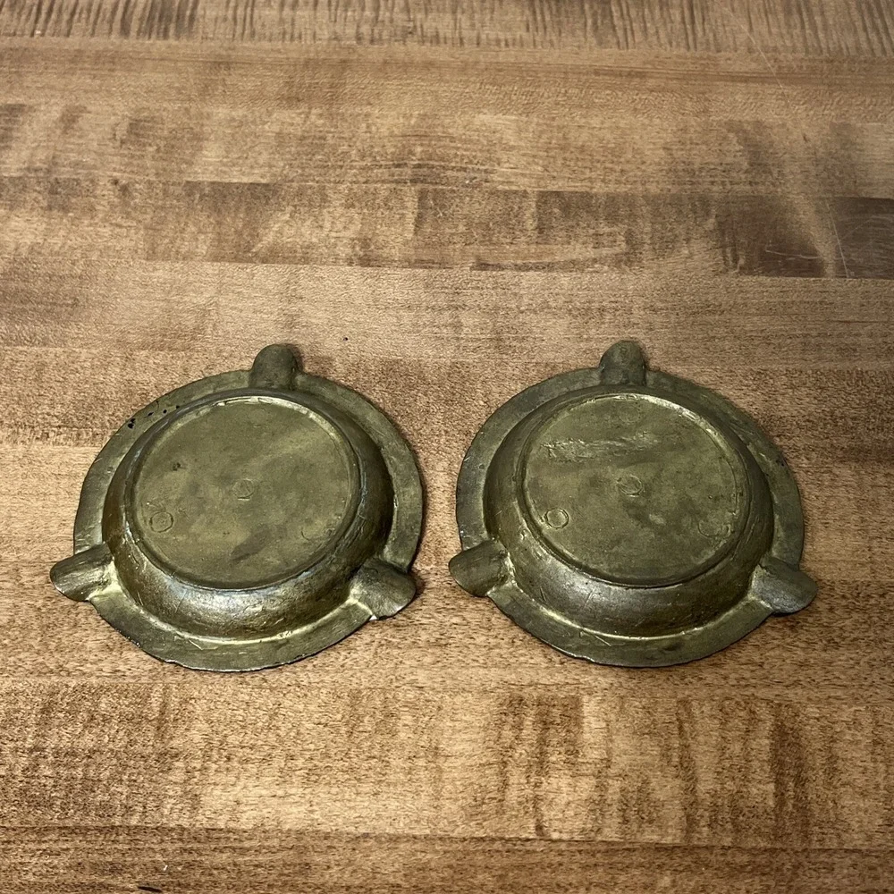 Vintage Lot Of 2 Brass Cigar Ashtray‎ Ornate Grape Wine Celebration Scene
